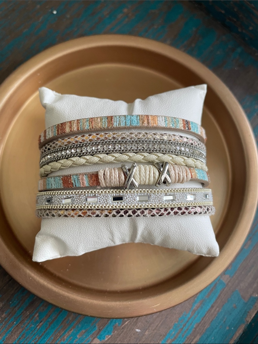 Wrap Bracelet Boho Coastal Multi Strand / media- silver, Cream, Turquoise